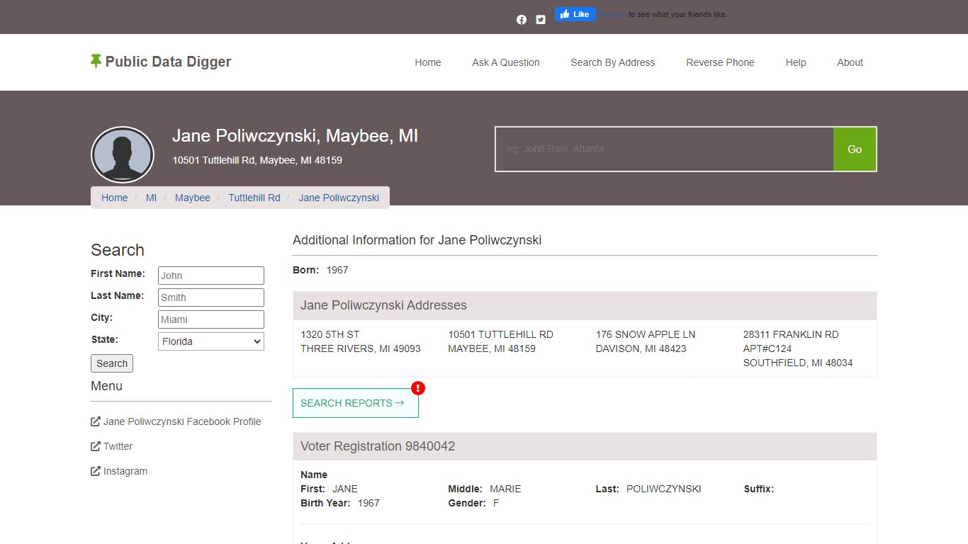 Jane M Poliwczynski - MAYBEE, MI - PublicDataDigger.com